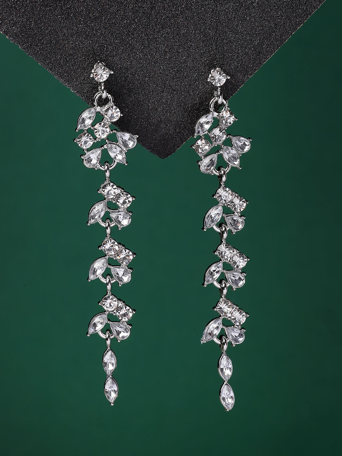 Scintillare By Sukkhi Modern Latest Stylish Rhodium Plated Leaf Shaped Crystal Stone Studded Silver Long Earrings for Women & Girls|Pair of 1|Jewellery Gifts for Wife Girlfriend Mother Sister|E107283