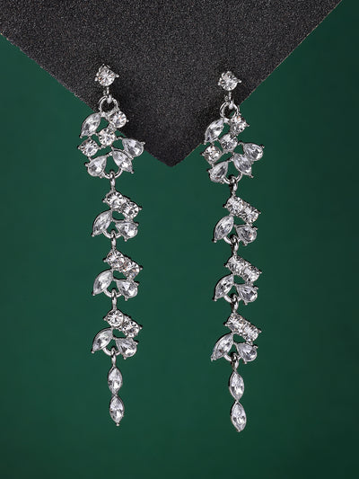 Scintillare By Sukkhi Modern Latest Stylish Rhodium Plated Leaf Shaped Crystal Stone Studded Silver Long Earrings for Women & Girls|Pair of 1|Jewellery Gifts for Wife Girlfriend Mother Sister|E107283