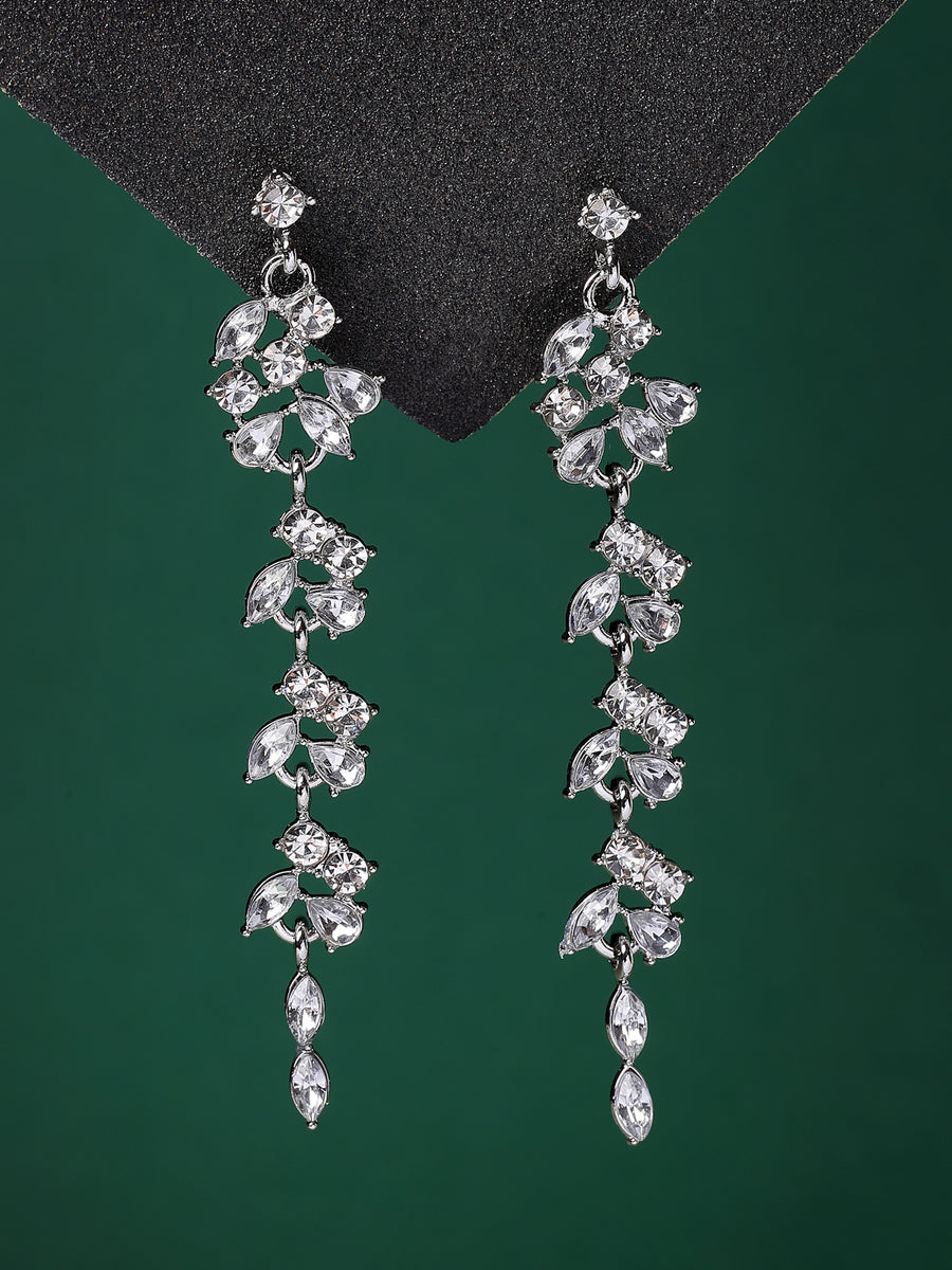 Scintillare By Sukkhi Modern Latest Stylish Rhodium Plated Leaf Shaped Crystal Stone Studded Silver Long Earrings for Women & Girls|Pair of 1|Jewellery Gifts for Wife Girlfriend Mother Sister|E107283