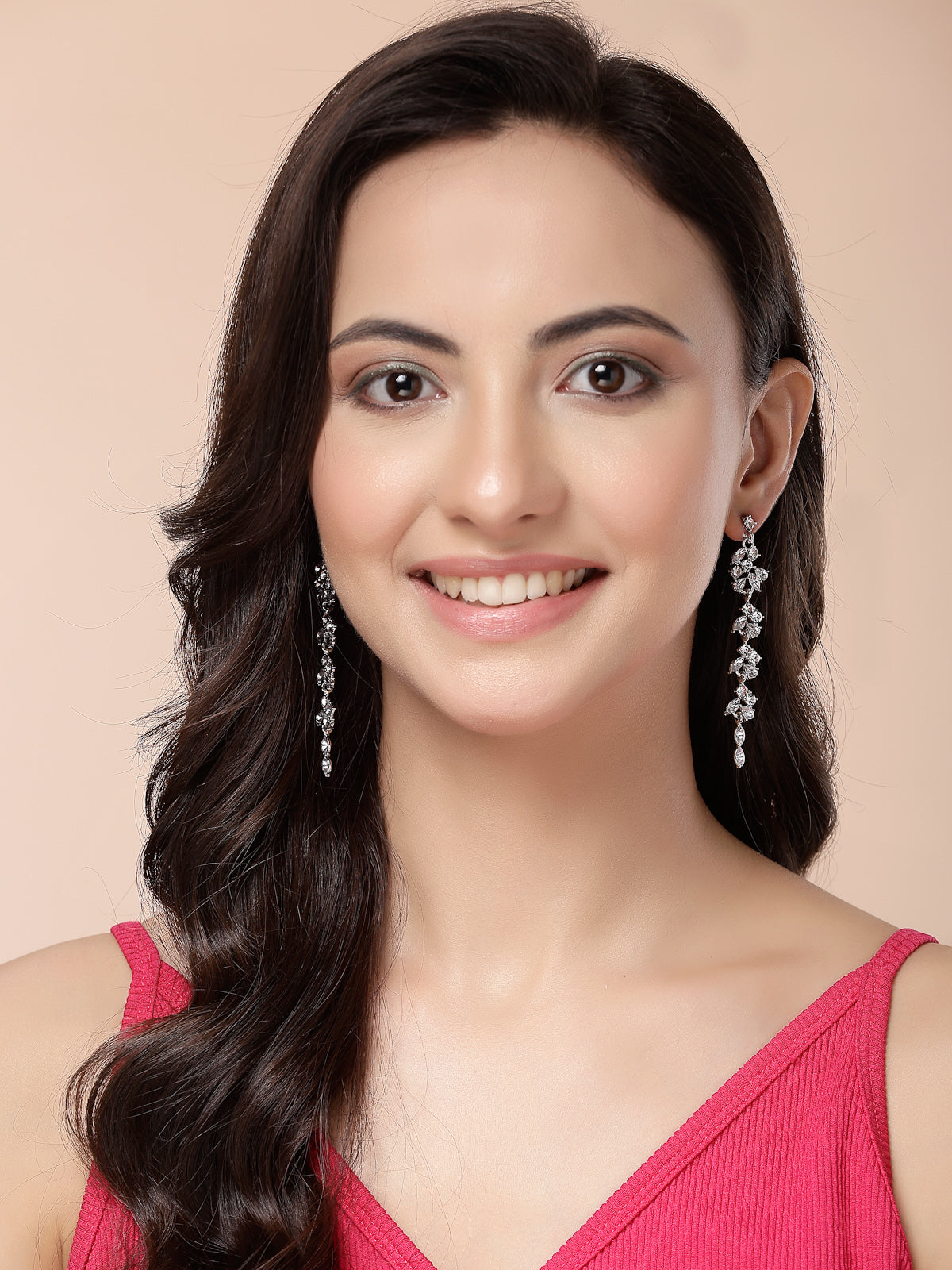 Scintillare By Sukkhi Modern Latest Stylish Rhodium Plated Leaf Shaped Crystal Stone Studded Silver Long Earrings for Women & Girls|Pair of 1|Jewellery Gifts for Wife Girlfriend Mother Sister|E107283