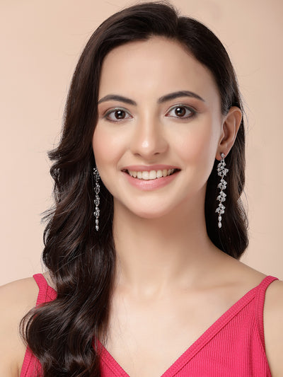 Scintillare By Sukkhi Modern Latest Stylish Rhodium Plated Leaf Shaped Crystal Stone Studded Silver Long Earrings for Women & Girls|Pair of 1|Jewellery Gifts for Wife Girlfriend Mother Sister|E107283