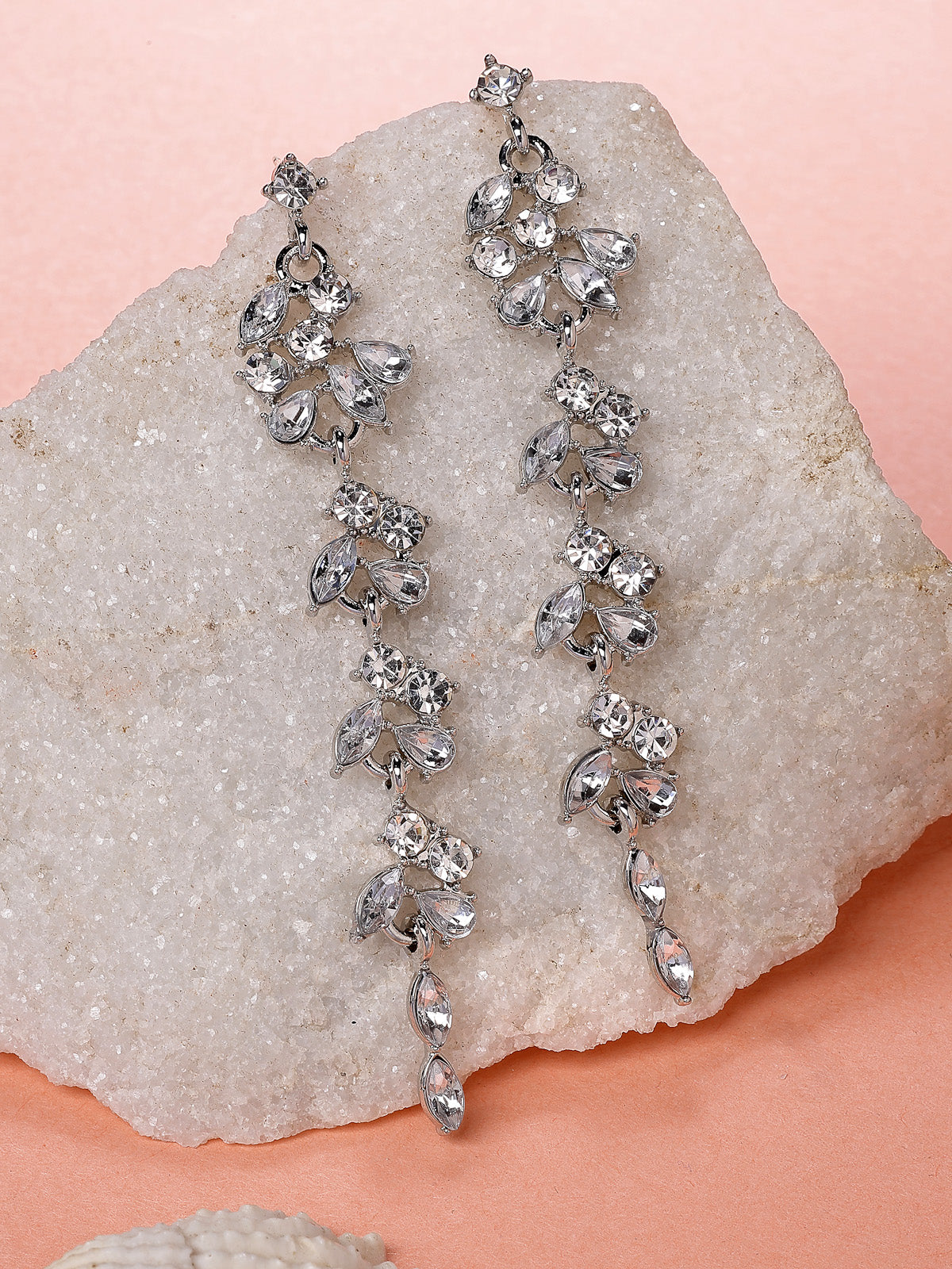 Scintillare By Sukkhi Modern Latest Stylish Rhodium Plated Leaf Shaped Crystal Stone Studded Silver Long Earrings for Women & Girls|Pair of 1|Jewellery Gifts for Wife Girlfriend Mother Sister|E107283