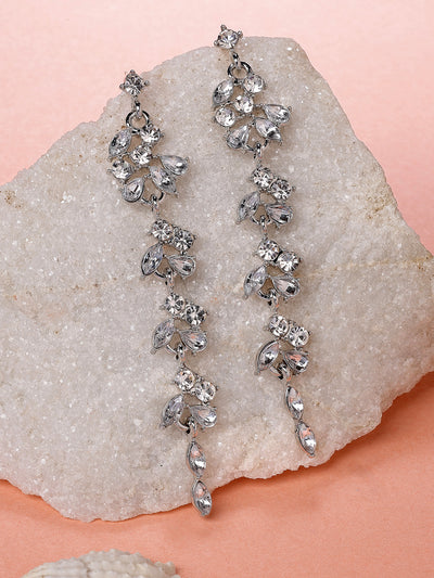 Scintillare By Sukkhi Modern Latest Stylish Rhodium Plated Leaf Shaped Crystal Stone Studded Silver Long Earrings for Women & Girls|Pair of 1|Jewellery Gifts for Wife Girlfriend Mother Sister|E107283