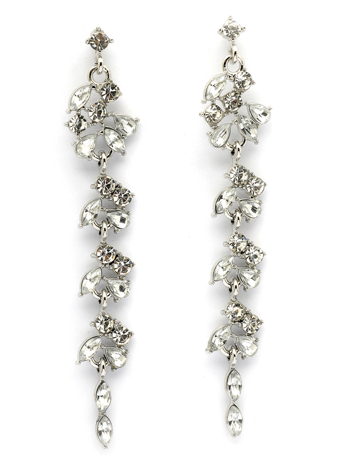 Scintillare By Sukkhi Modern Latest Stylish Rhodium Plated Leaf Shaped Crystal Stone Studded Silver Long Earrings for Women & Girls|Pair of 1|Jewellery Gifts for Wife Girlfriend Mother Sister|E107283