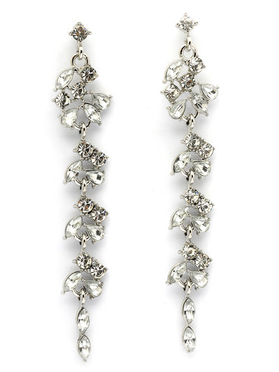 Scintillare By Sukkhi Modern Latest Stylish Rhodium Plated Leaf Shaped Crystal Stone Studded Silver Long Earrings for Women & Girls|Pair of 1|Jewellery Gifts for Wife Girlfriend Mother Sister|E107283