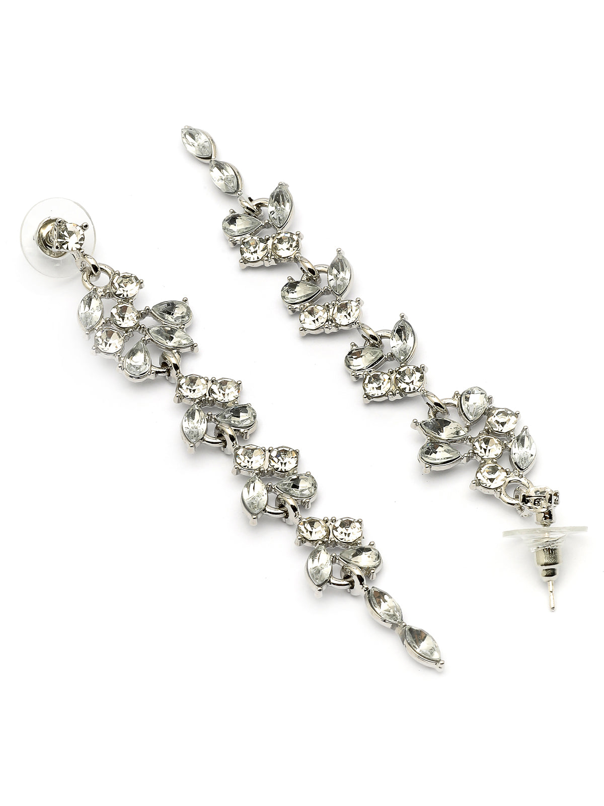 Scintillare By Sukkhi Modern Latest Stylish Rhodium Plated Leaf Shaped Crystal Stone Studded Silver Long Earrings for Women & Girls|Pair of 1|Jewellery Gifts for Wife Girlfriend Mother Sister|E107283