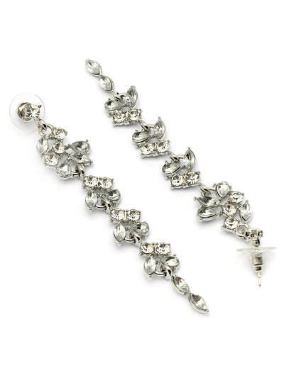 Scintillare By Sukkhi Modern Latest Stylish Rhodium Plated Leaf Shaped Crystal Stone Studded Silver Long Earrings for Women & Girls|Pair of 1|Jewellery Gifts for Wife Girlfriend Mother Sister|E107283