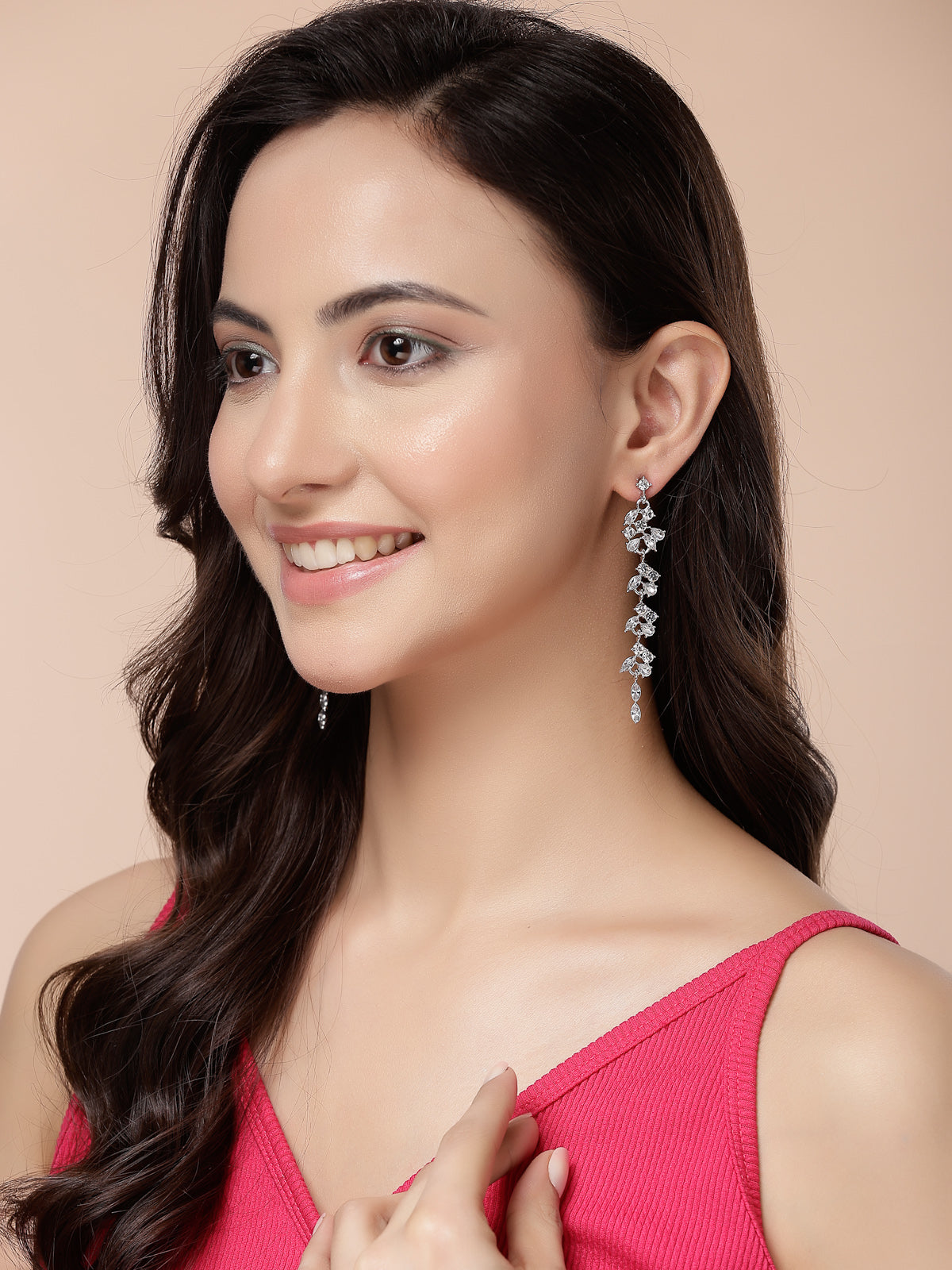 Scintillare By Sukkhi Modern Latest Stylish Rhodium Plated Leaf Shaped Crystal Stone Studded Silver Long Earrings for Women & Girls|Pair of 1|Jewellery Gifts for Wife Girlfriend Mother Sister|E107283