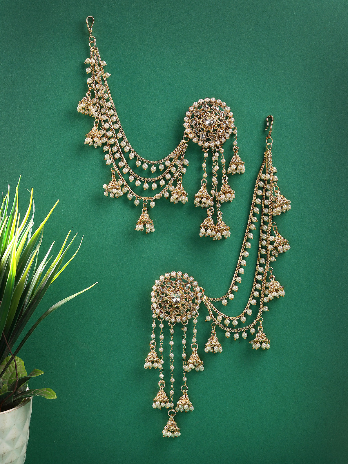 Sukkhi Creative Traditional Indian Fashion Gold Plated Multi Layer Pearls Ear Chain with Jhumka/Jhumki Earring Jewellery for Women & Girls|E107327 E107327