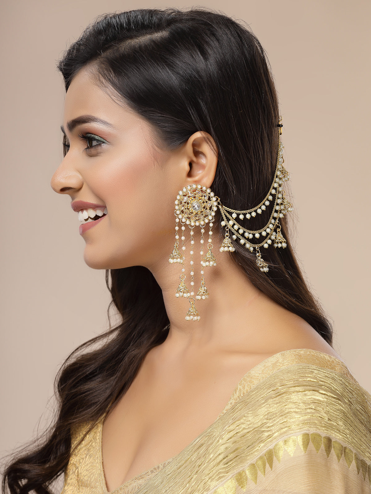 Sukkhi Creative Traditional Indian Fashion Gold Plated Multi Layer Pearls Ear Chain with Jhumka/Jhumki Earring Jewellery for Women & Girls|E107327 E107327
