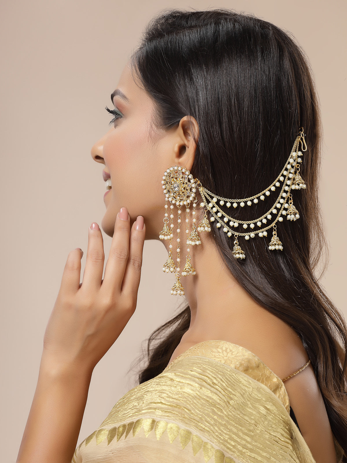 Sukkhi Creative Traditional Indian Fashion Gold Plated Multi Layer Pearls Ear Chain with Jhumka/Jhumki Earring Jewellery for Women & Girls|E107327 E107327