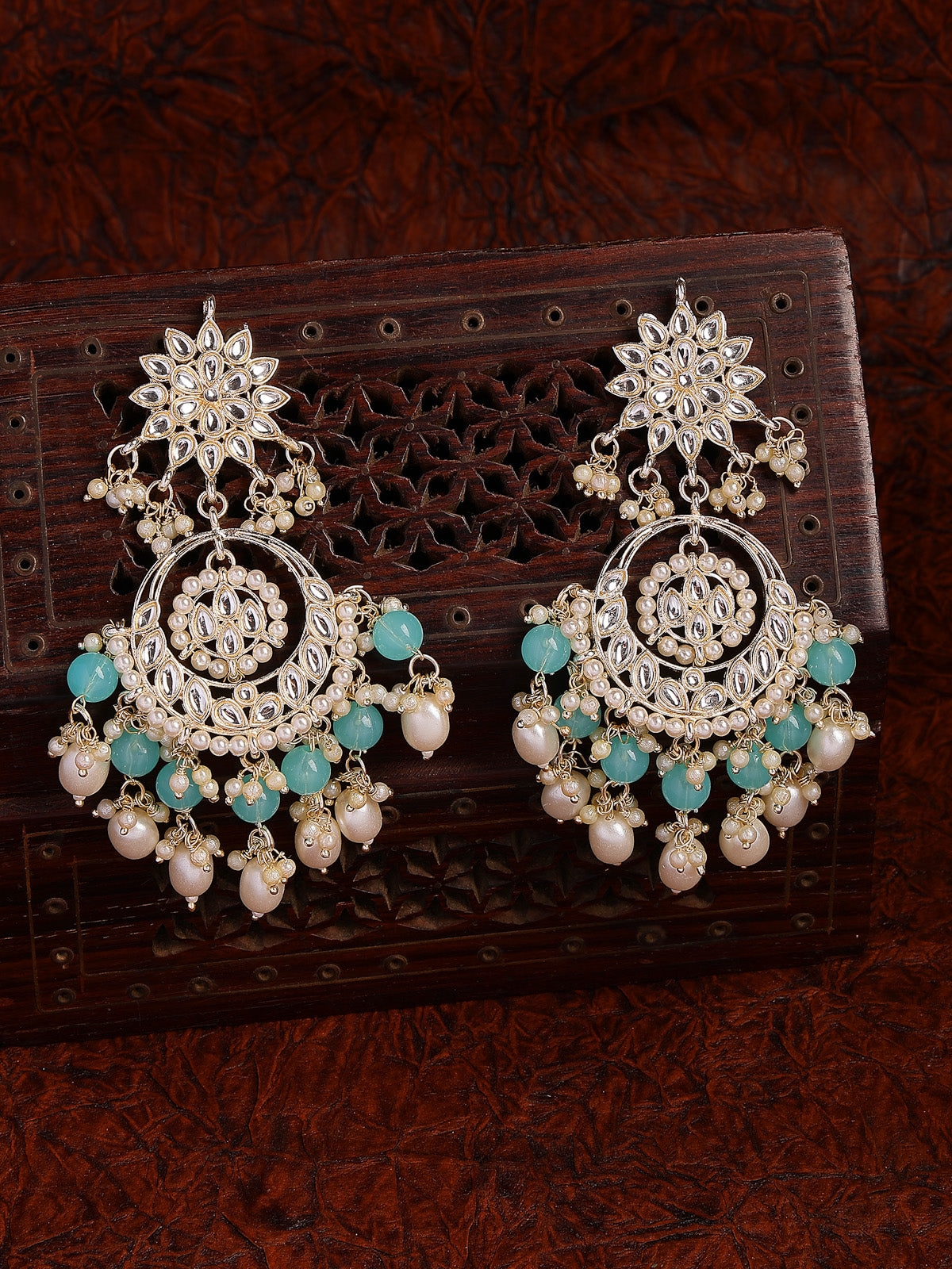 Sukkhi Innovative Floral Fashion Gold Plated with Kundan & Pearls Studded Handmade Sky Blue Chandbali Earring Jewellery For Women & Girls|E107330