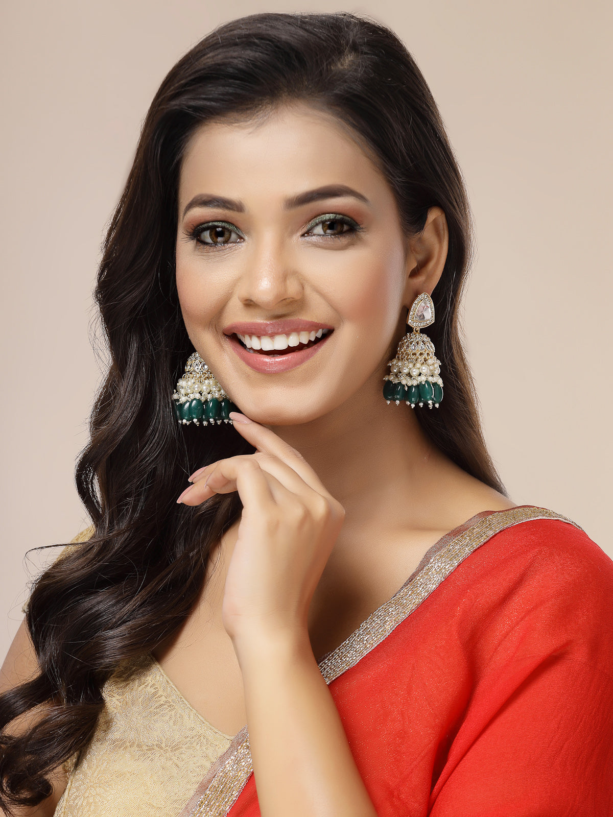 Sukkhi Excellent Fashionable Style Gold Plated Kundan & Green Cluster Beads Drop Jhumka/Jhumki Earring Jewellery For Women & Girls|E107332