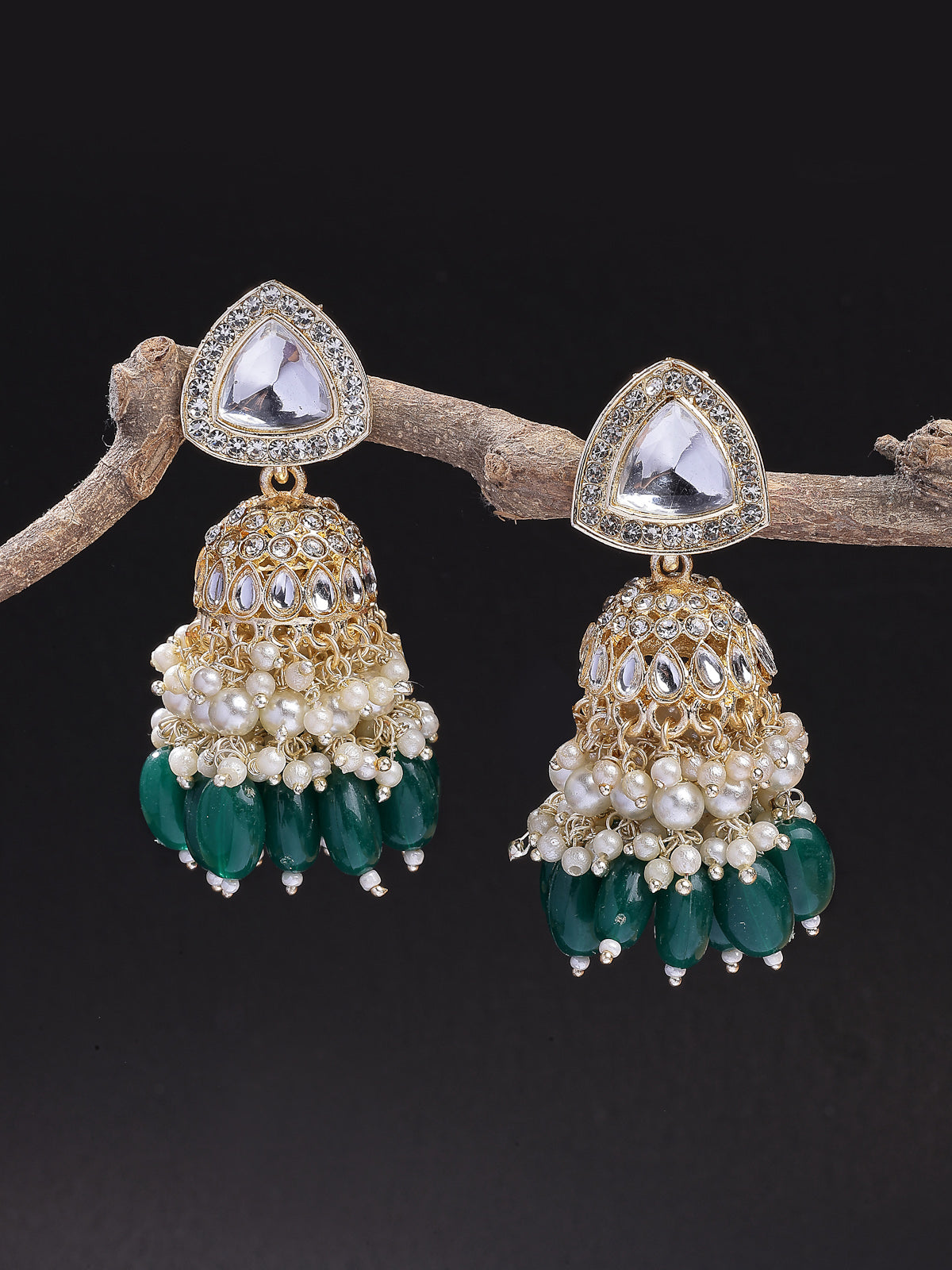 Sukkhi Excellent Fashionable Style Gold Plated Kundan & Green Cluster Beads Drop Jhumka/Jhumki Earring Jewellery For Women & Girls|E107332