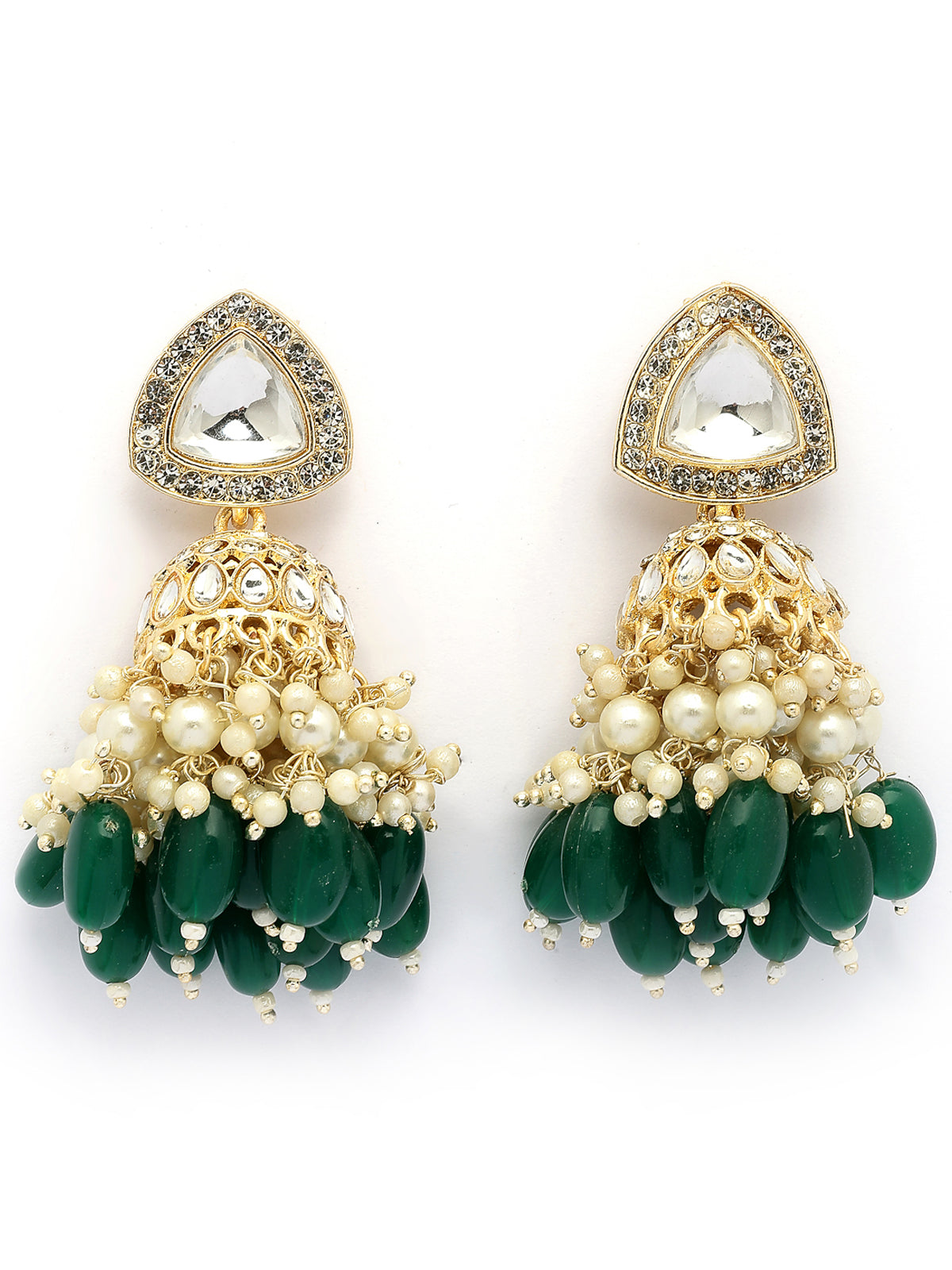 Sukkhi Excellent Fashionable Style Gold Plated Kundan & Green Cluster Beads Drop Jhumka/Jhumki Earring Jewellery For Women & Girls|E107332