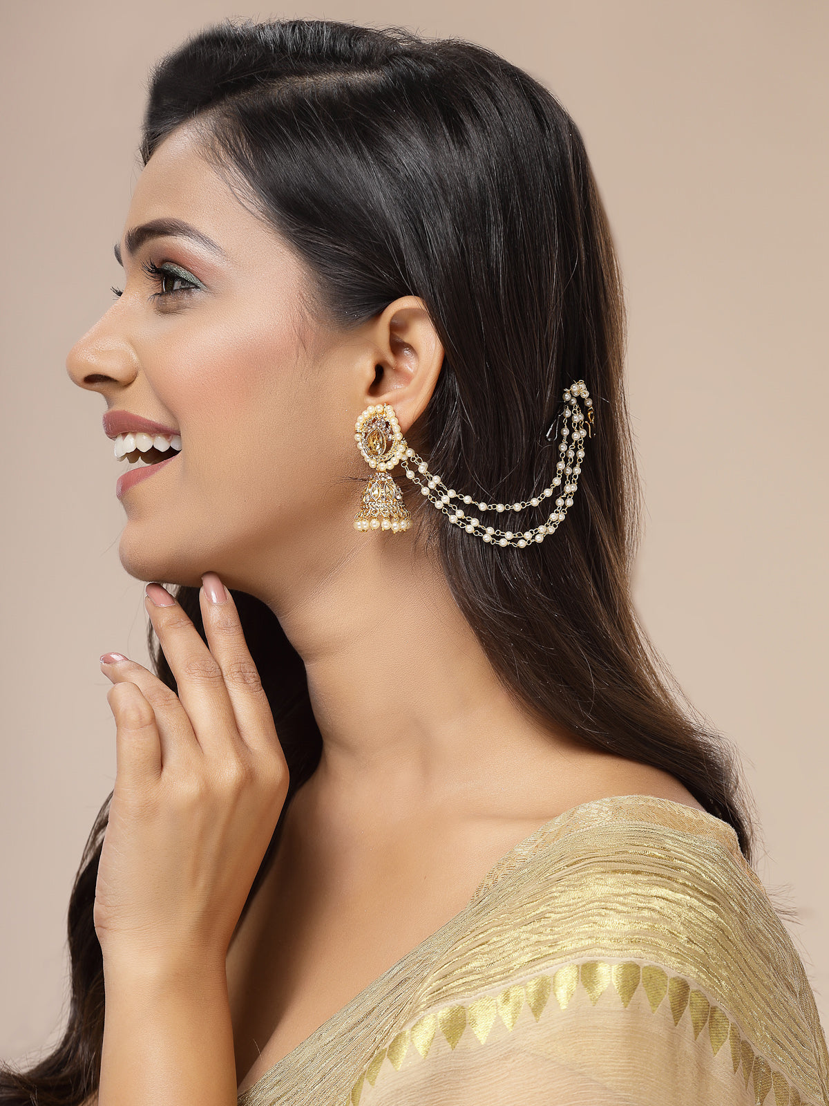 Sukkhi Fashion-Forward Ethnic 18k Gold Plated with Kundan & Pearls Studded Long Earchain with Jhumka/Jhumki Earring Jewellery For Women & Girls|E107335