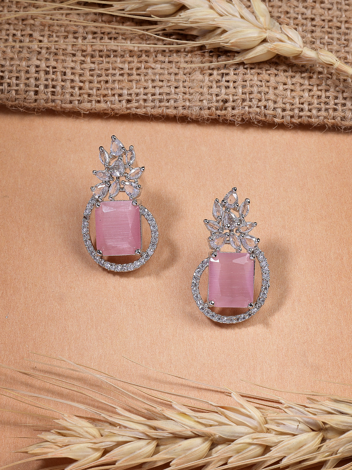 Sukkhi Pretty Pink Fashionable Rhodium Oxidised Silver Plated with American Diamond Studded Paisley Shaped Studs Earring Jewellery For Women & Girls|E107342