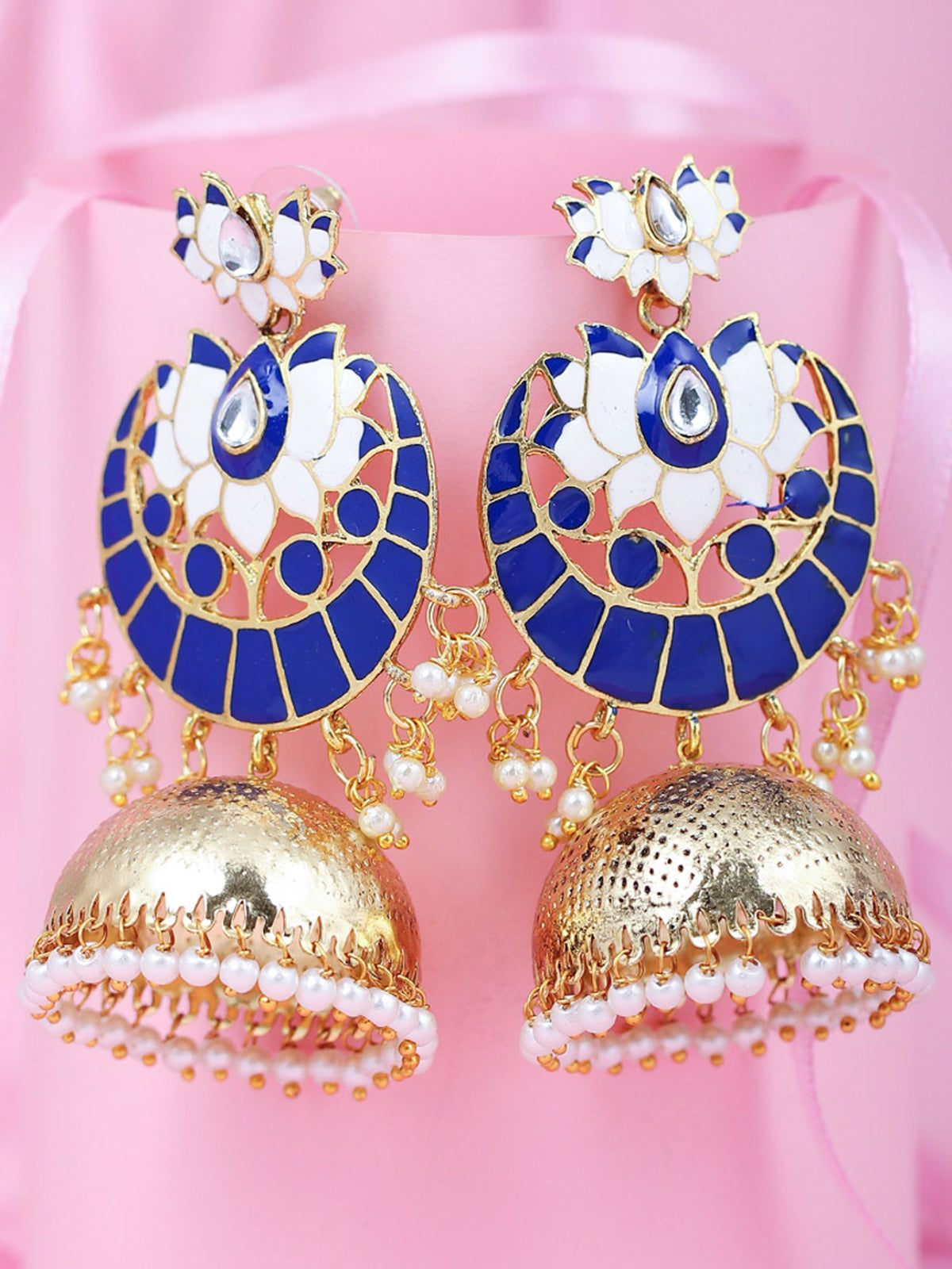 Sukkhi Glitzy Gold Plated Lotus Meenakari Pearl Jhumki Earring for Women E83498