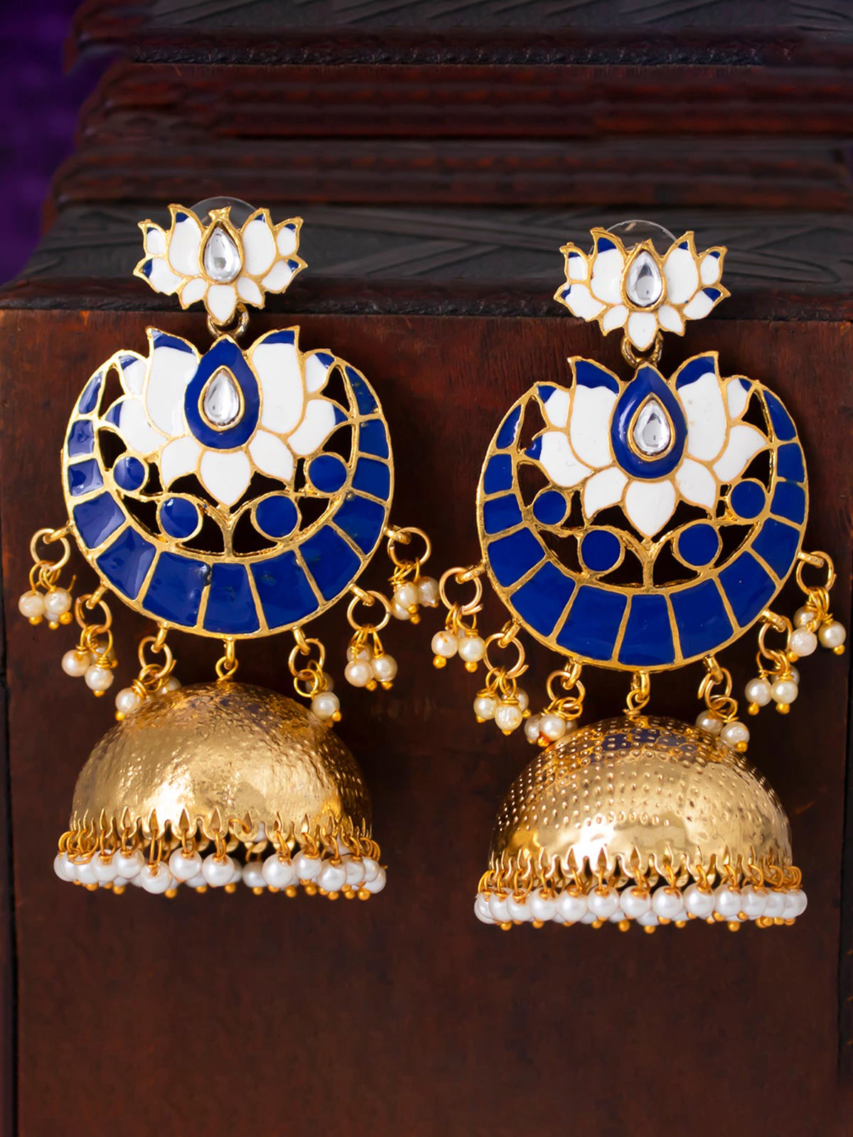 Sukkhi Glitzy Gold Plated Lotus Meenakari Pearl Jhumki Earring for Women E83498