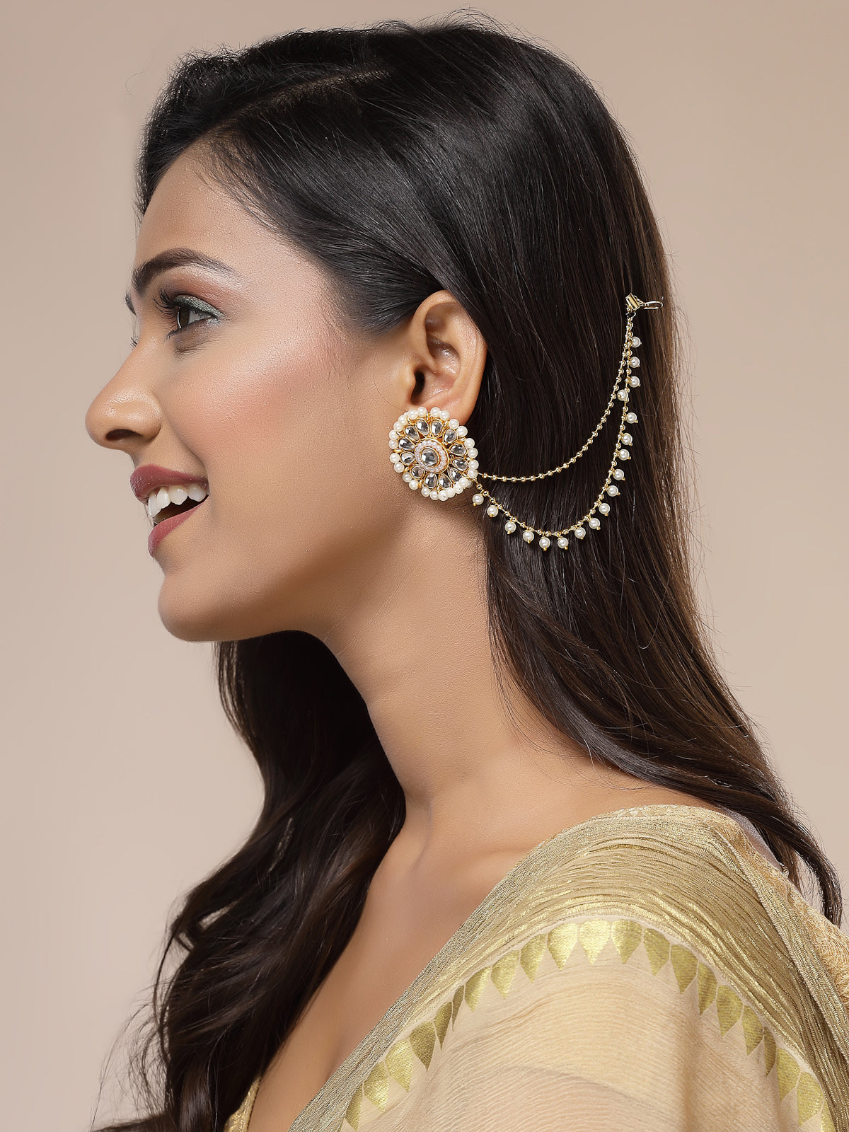 Sukkhi Festive Traditional Fashion 18k Gold Plated Pearls Layered Earchain Earring Jewellery For Women & Girls|Pair of 1|ECN107319