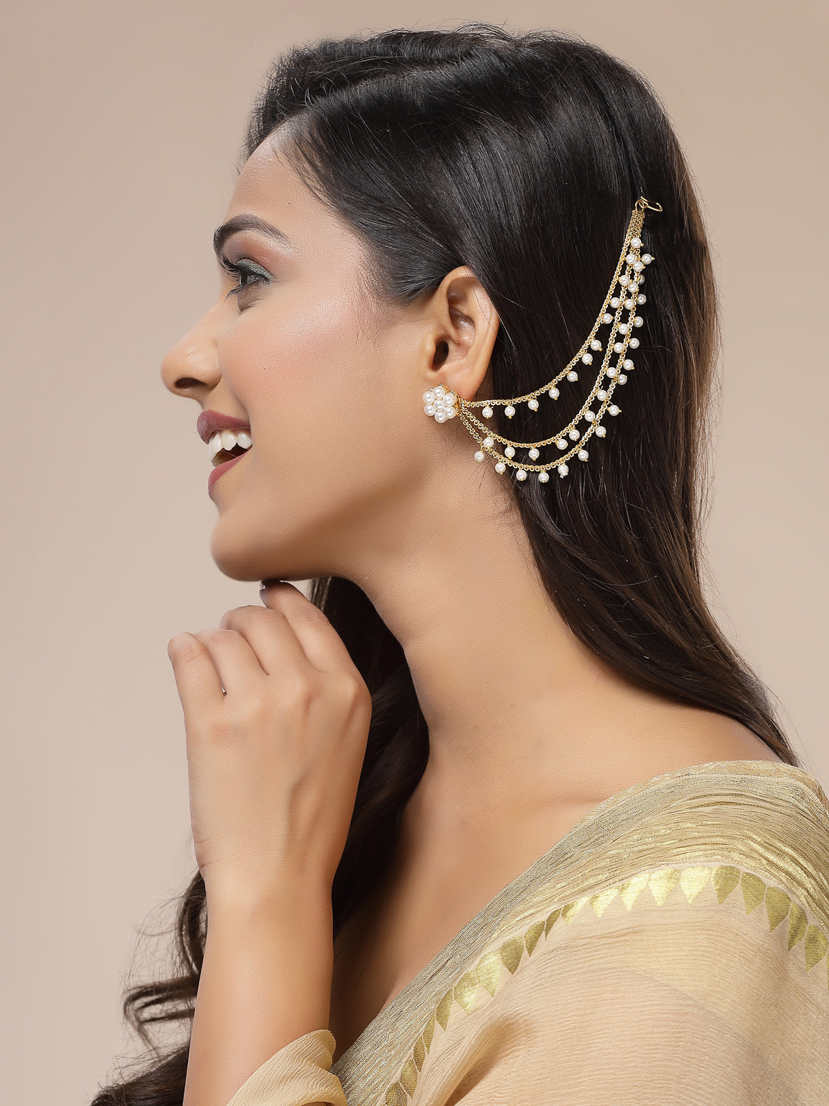 Sukkhi Classic Indian Traditional Brass Copper Gold Plated Multi layer Pearls Ear Kan Chain Champaswaralu Earring Jewellery for Women & Girls|Pair of 1|ECN107320