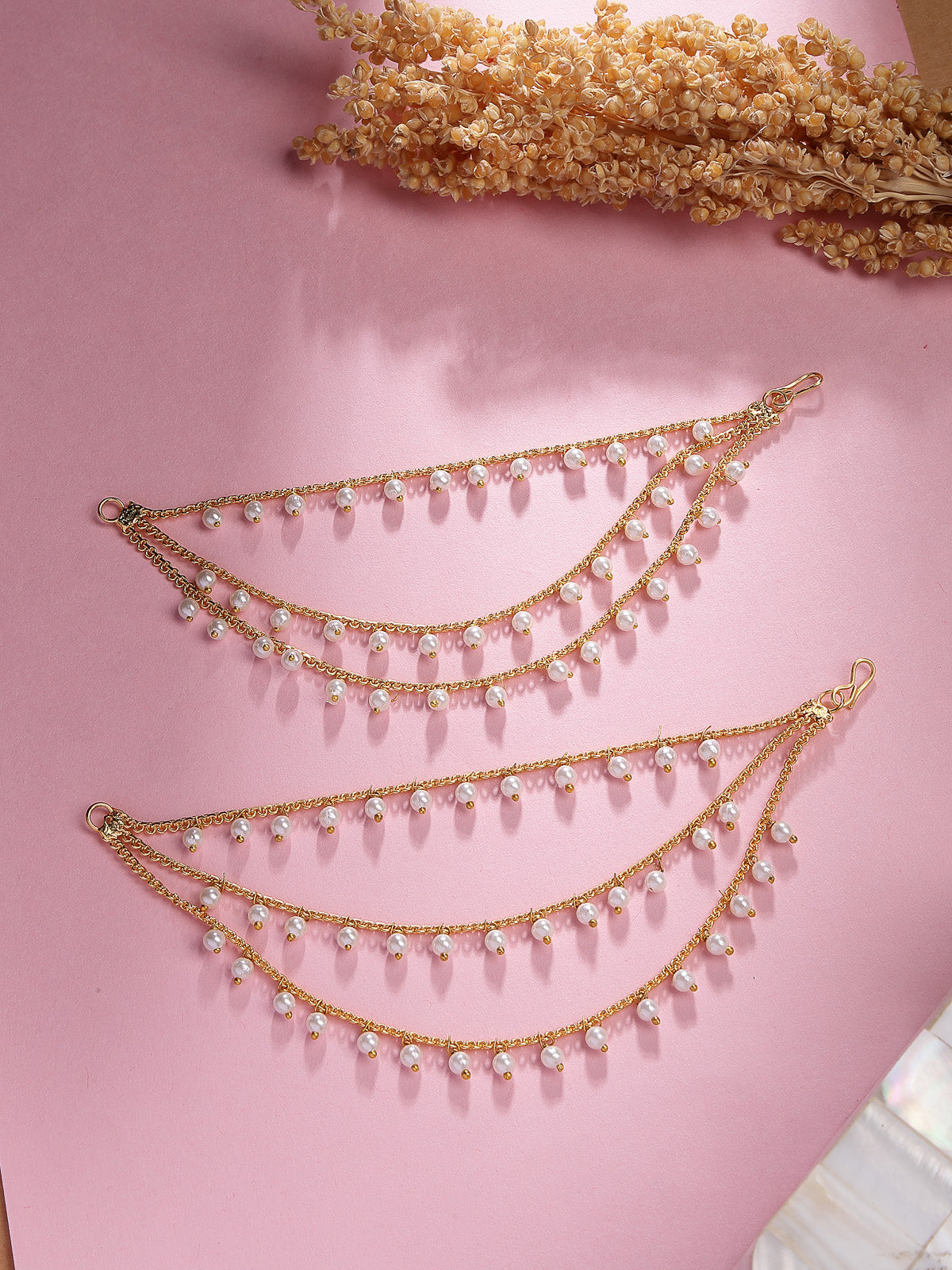 Sukkhi Classic Indian Traditional Brass Copper Gold Plated Multi layer Pearls Ear Kan Chain Champaswaralu Earring Jewellery for Women & Girls|Pair of 1|ECN107320