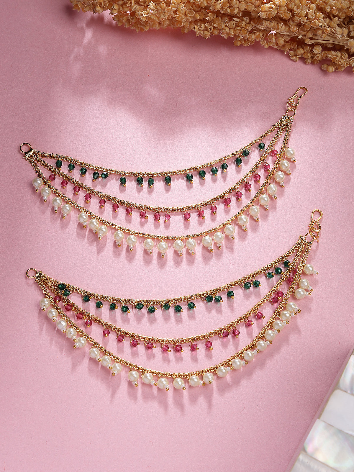 Sukkhi Eye-Catchy Stylish Gold Plated & Pearls with Beaded Multi Layer Red Green Long Hair Chain Earring Jewellery For Women & Girls|Pair of 1|ECN107321