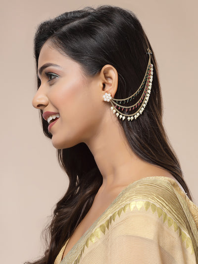 Sukkhi Eye-Catchy Stylish Gold Plated & Pearls with Beaded Multi Layer Red Green Long Hair Chain Earring Jewellery For Women & Girls|Pair of 1|ECN107321