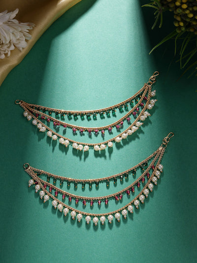 Sukkhi Eye-Catchy Stylish Gold Plated & Pearls with Beaded Multi Layer Red Green Long Hair Chain Earring Jewellery For Women & Girls|Pair of 1|ECN107321