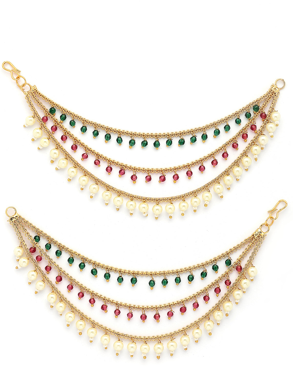 Sukkhi Eye-Catchy Stylish Gold Plated & Pearls with Beaded Multi Layer Red Green Long Hair Chain Earring Jewellery For Women & Girls|Pair of 1|ECN107321