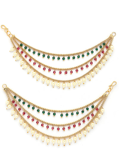 Sukkhi Eye-Catchy Stylish Gold Plated & Pearls with Beaded Multi Layer Red Green Long Hair Chain Earring Jewellery For Women & Girls|Pair of 1|ECN107321