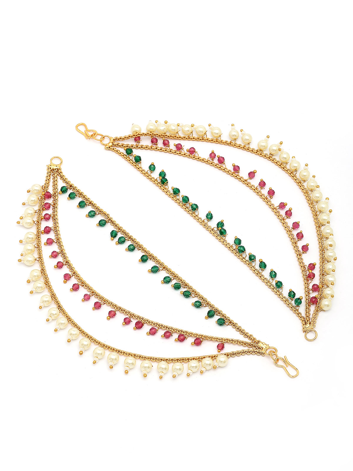 Sukkhi Eye-Catchy Stylish Gold Plated & Pearls with Beaded Multi Layer Red Green Long Hair Chain Earring Jewellery For Women & Girls|Pair of 1|ECN107321