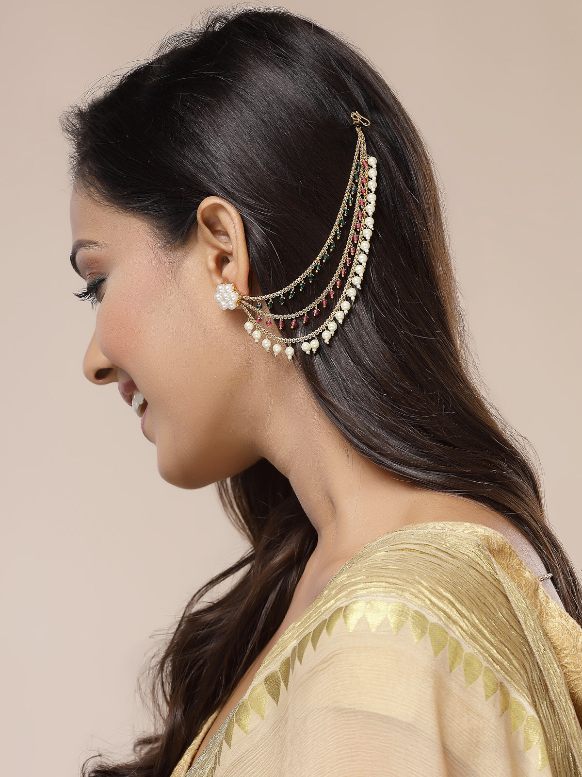 Sukkhi Eye-Catchy Stylish Gold Plated & Pearls with Beaded Multi Layer Red Green Long Hair Chain Earring Jewellery For Women & Girls|Pair of 1|ECN107321