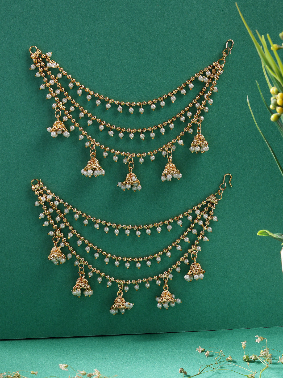 Sukkhi Classical Traditional 18k Gold Plated with Brass Metal & Pearls Studded Jhumka/Jhumki Multi Layer Ear Kan Chain Earring Jewellery for Women & Girls|Bahubali Inspired Long Chain|Pair of 1|ECN107322