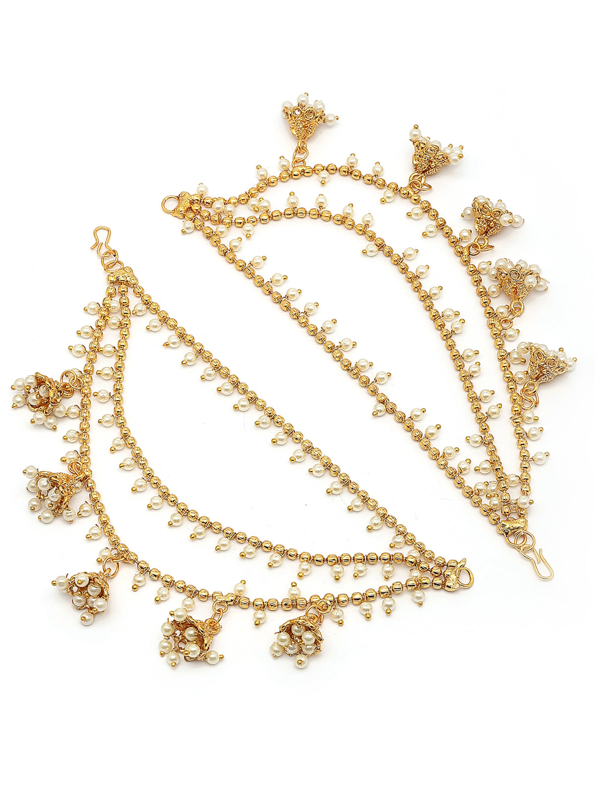 Sukkhi Classical Traditional 18k Gold Plated with Brass Metal & Pearls Studded Jhumka/Jhumki Multi Layer Ear Kan Chain Earring Jewellery for Women & Girls|Bahubali Inspired Long Chain|Pair of 1|ECN107322