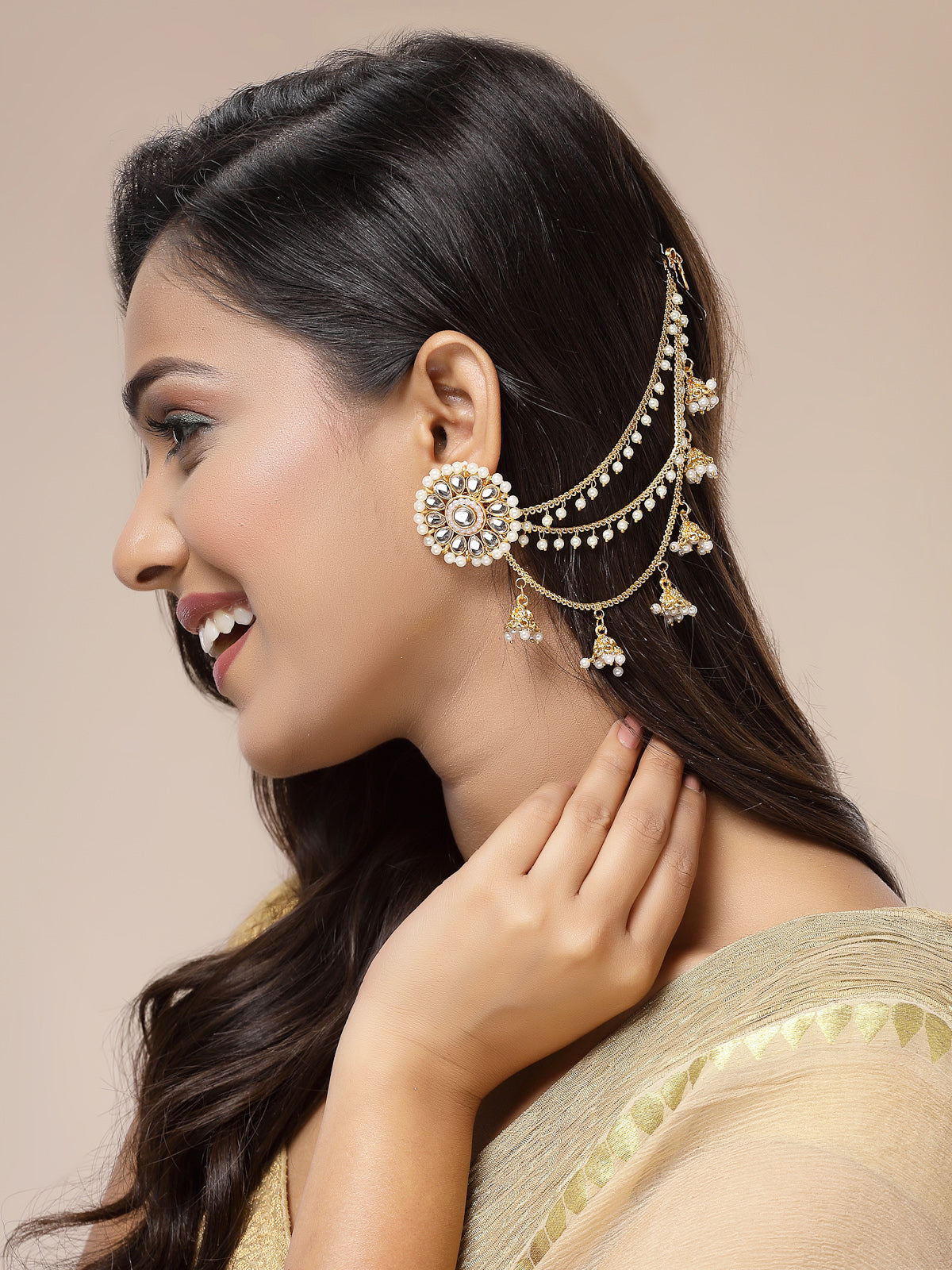 Sukkhi Iconic Traditional 18k Gold Plated Multi Layer Pearls Long Chain Jhumka/Jhumki Earring Jewellery for Women & Girls|Bahubali Inspired|Pair of 1|ECN107323