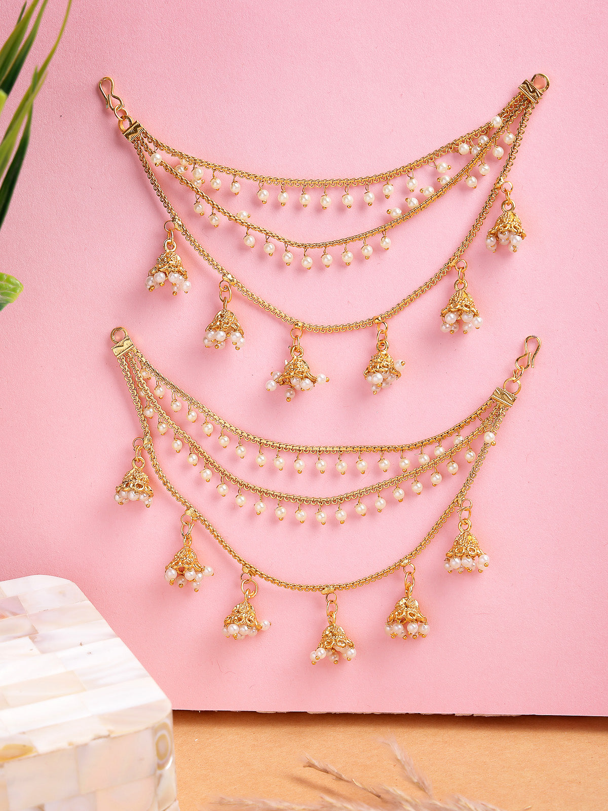 Sukkhi Iconic Traditional 18k Gold Plated Multi Layer Pearls Long Chain Jhumka/Jhumki Earring Jewellery for Women & Girls|Bahubali Inspired|Pair of 1|ECN107323