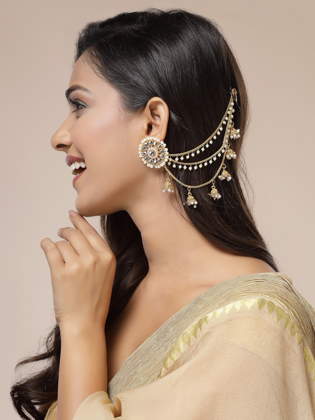 Sukkhi Iconic Traditional 18k Gold Plated Multi Layer Pearls Long Chain Jhumka/Jhumki Earring Jewellery for Women & Girls|Bahubali Inspired|Pair of 1|ECN107323