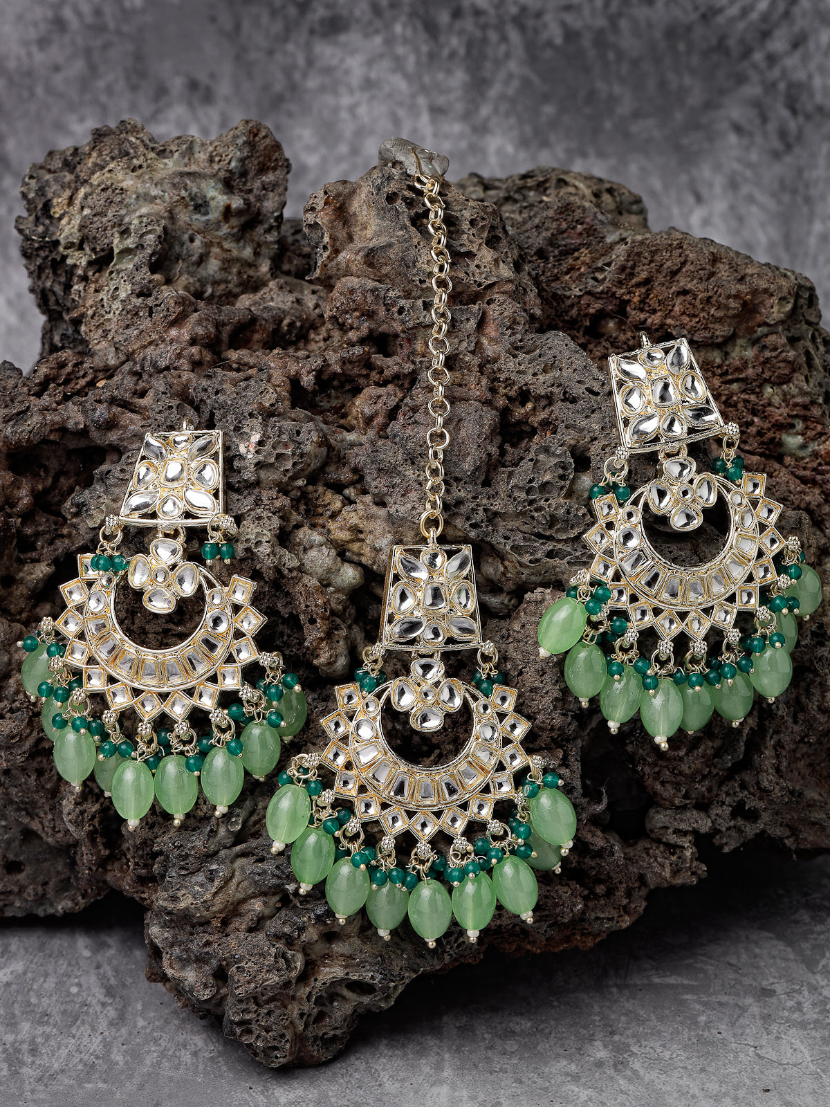 Studio Sukkhi Elegant Gold Plated Mint Green & Green Earrings & Maangtikka Set with Kundan and Beads Jewellery for Women EM105792