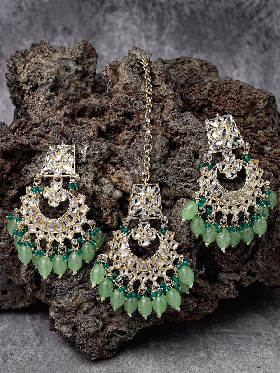Studio Sukkhi Elegant Gold Plated Mint Green & Green Earrings & Maangtikka Set with Kundan and Beads Jewellery for Women EM105792