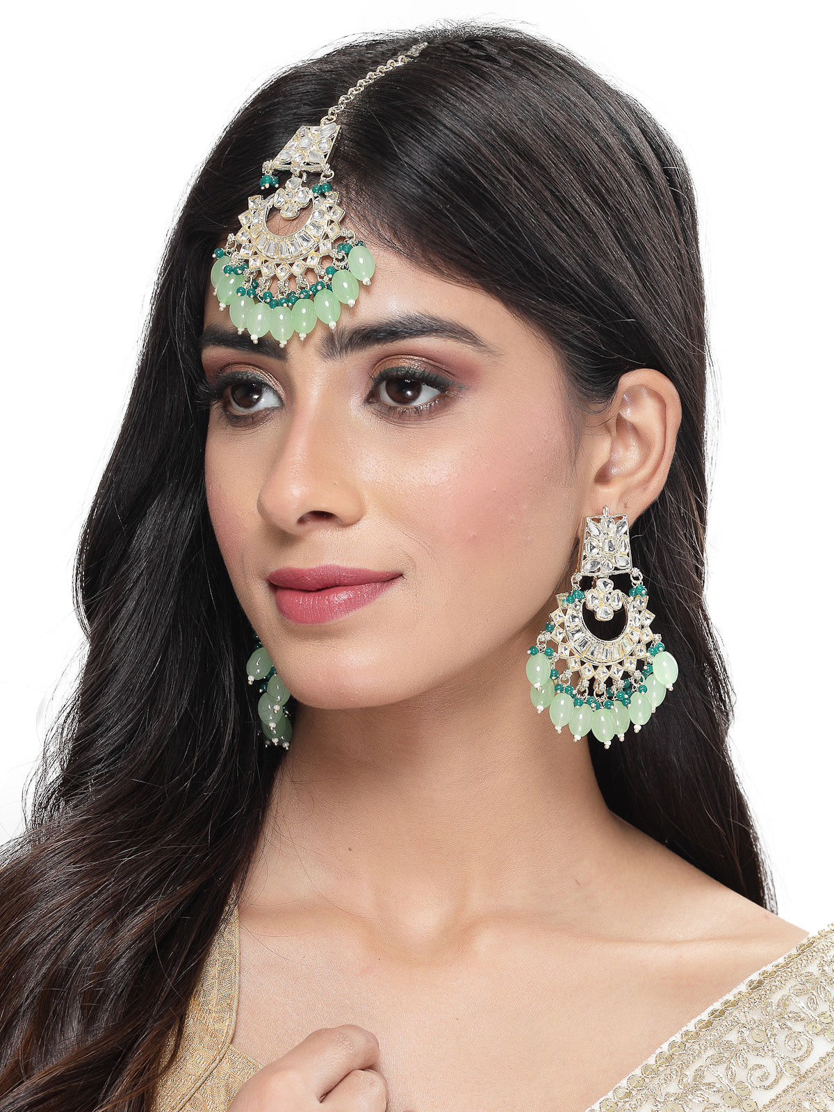 Studio Sukkhi Elegant Gold Plated Mint Green & Green Earrings & Maangtikka Set with Kundan and Beads Jewellery for Women EM105792