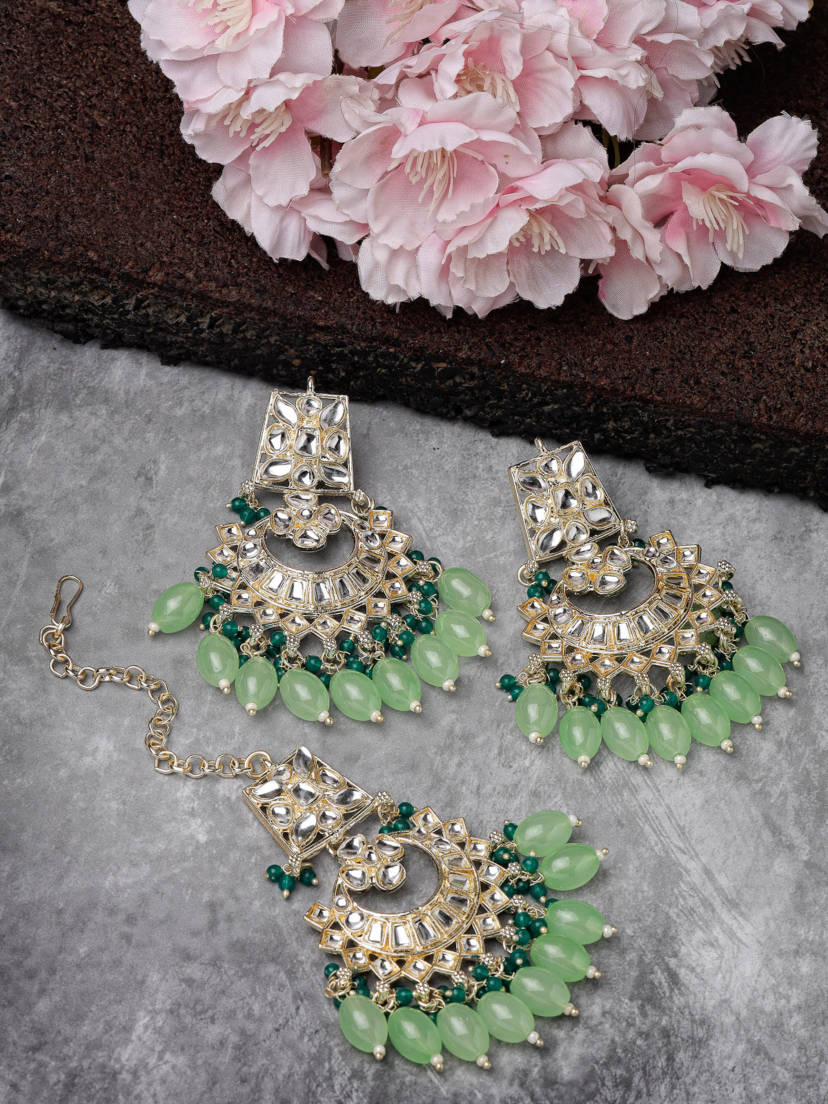 Studio Sukkhi Elegant Gold Plated Mint Green & Green Earrings & Maangtikka Set with Kundan and Beads Jewellery for Women EM105792