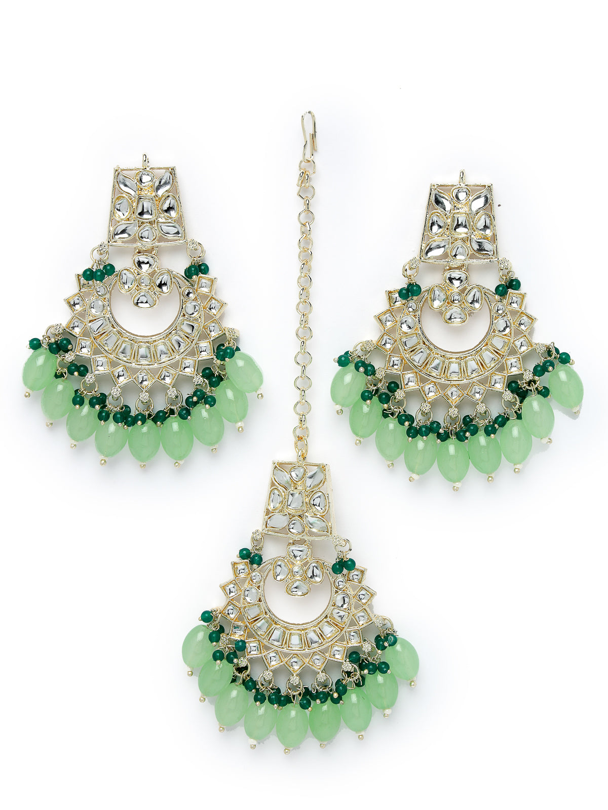 Studio Sukkhi Elegant Gold Plated Mint Green & Green Earrings & Maangtikka Set with Kundan and Beads Jewellery for Women EM105792