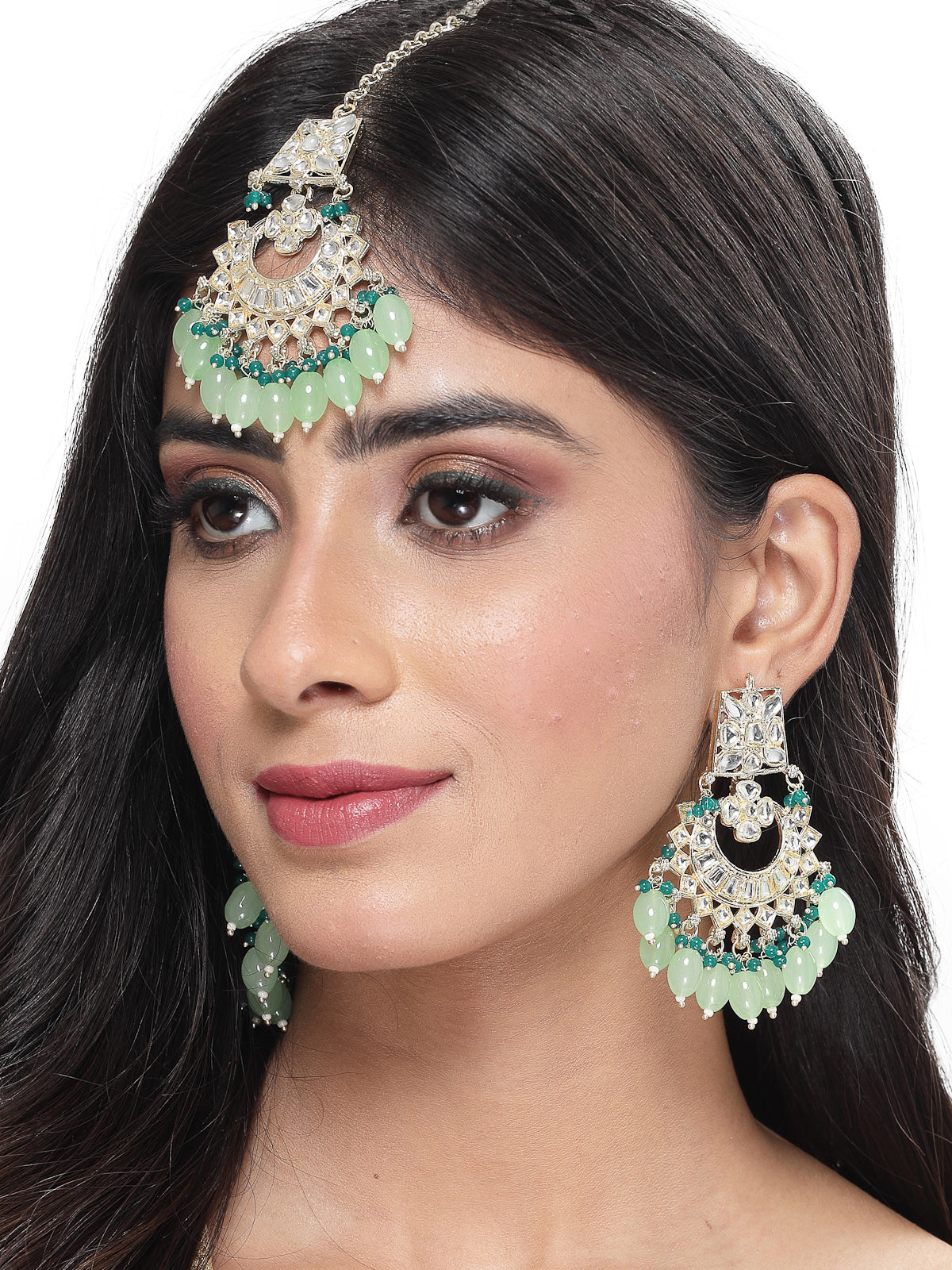 Studio Sukkhi Elegant Gold Plated Mint Green & Green Earrings & Maangtikka Set with Kundan and Beads Jewellery for Women EM105792
