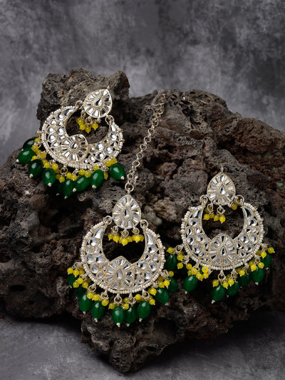 Studio Sukkhi Exquisite Gold Plated Green & Yellow Colour Earrings & Maangtikka Jewellery Set with Kundan and Beads for Women EM105793