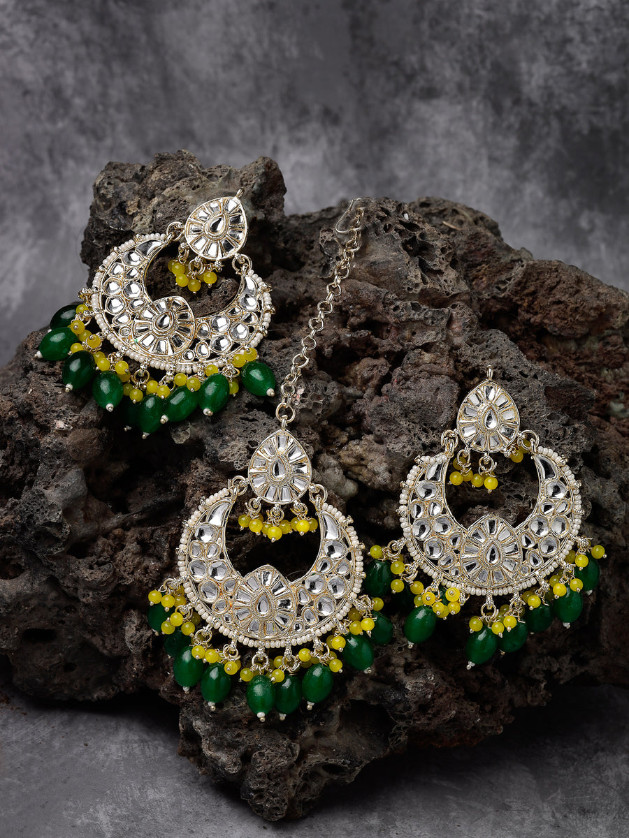 Studio Sukkhi Exquisite Gold Plated Green & Yellow Colour Earrings & Maangtikka Jewellery Set with Kundan and Beads for Women EM105793