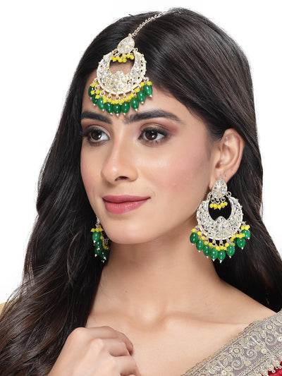 Studio Sukkhi Exquisite Gold Plated Green & Yellow Colour Earrings & Maangtikka Jewellery Set with Kundan and Beads for Women EM105793