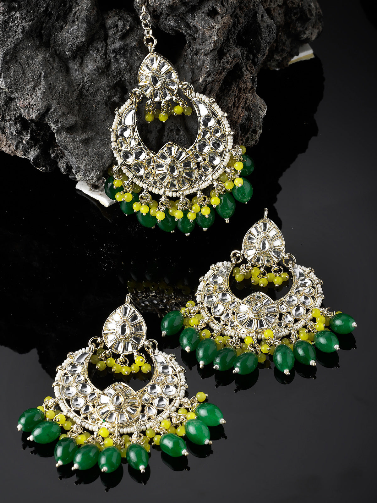 Studio Sukkhi Exquisite Gold Plated Green & Yellow Colour Earrings & Maangtikka Jewellery Set with Kundan and Beads for Women EM105793