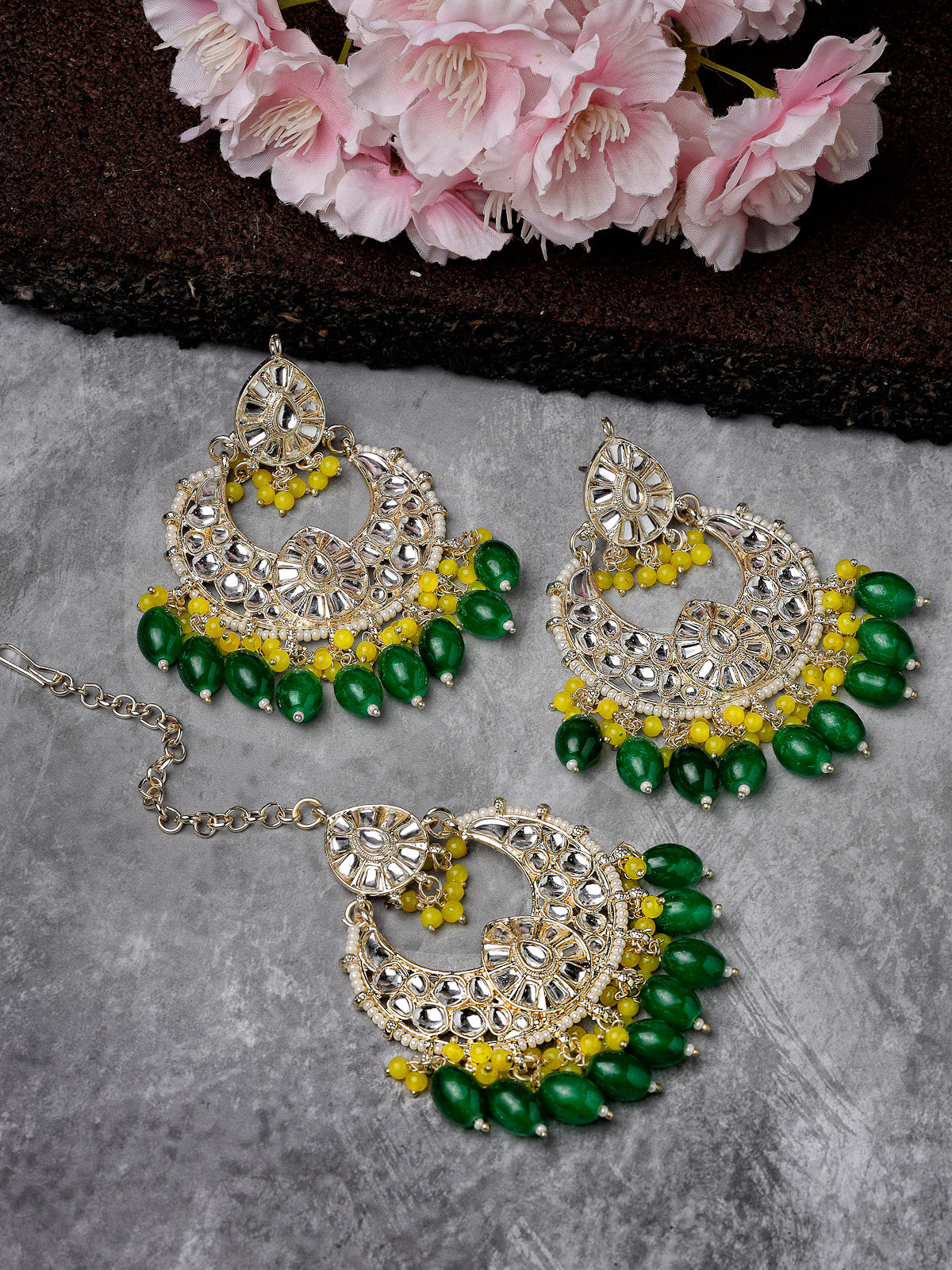 Studio Sukkhi Exquisite Gold Plated Green & Yellow Colour Earrings & Maangtikka Jewellery Set with Kundan and Beads for Women EM105793