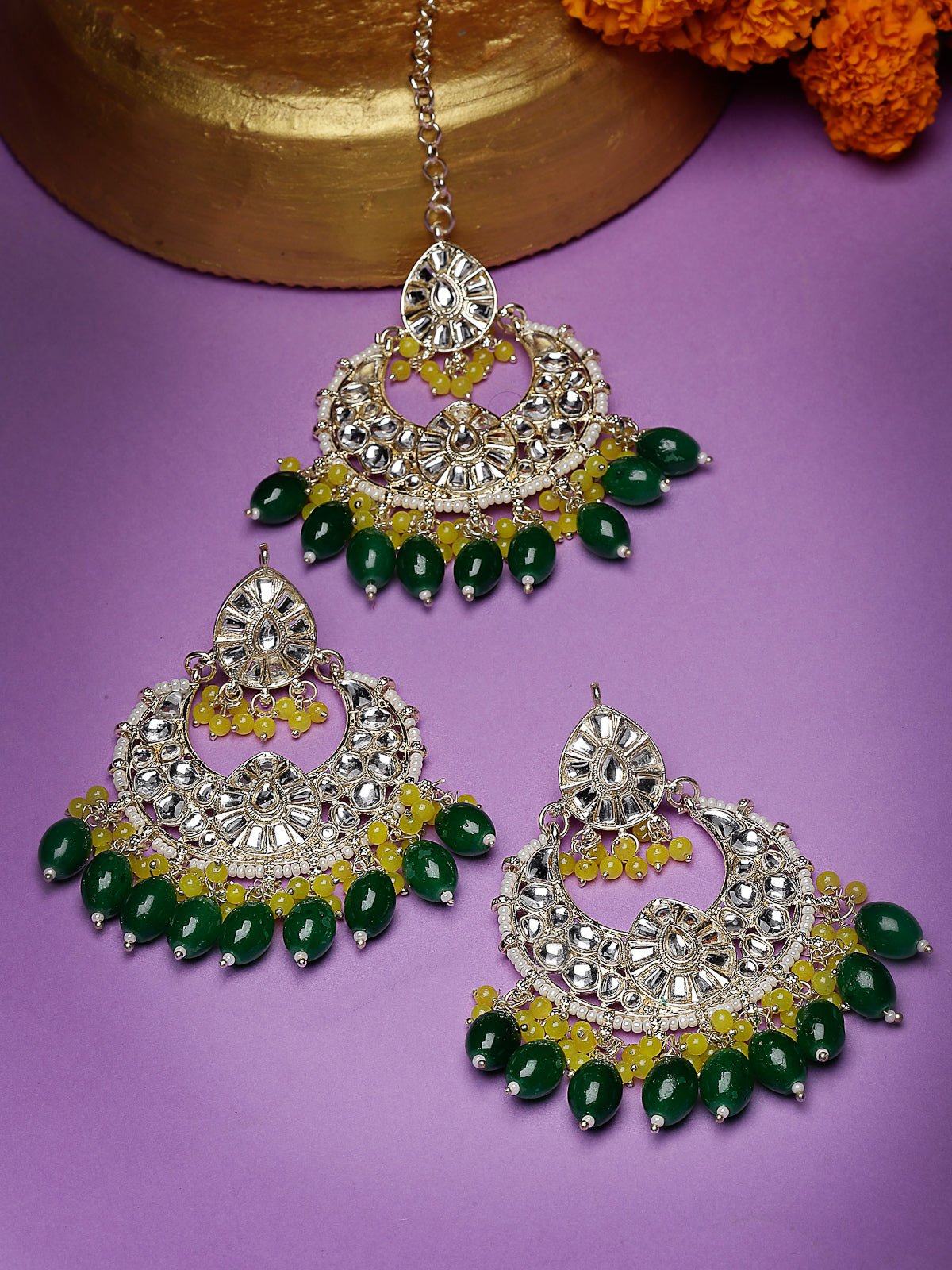 Studio Sukkhi Exquisite Gold Plated Green & Yellow Colour Earrings & Maangtikka Jewellery Set with Kundan and Beads for Women EM105793